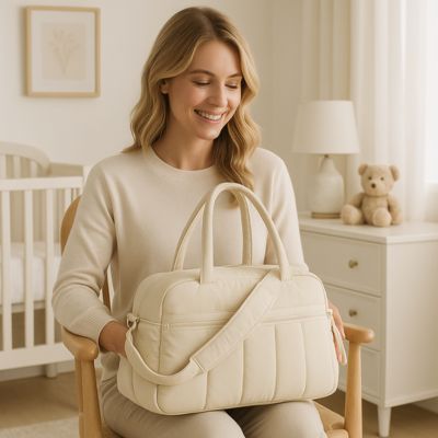 maman assise souriante portant sac a langer beige talisman carrousel