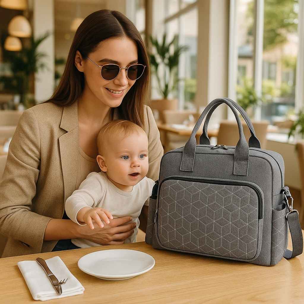 maman avec bebe sac a langer gris agathe carrousel