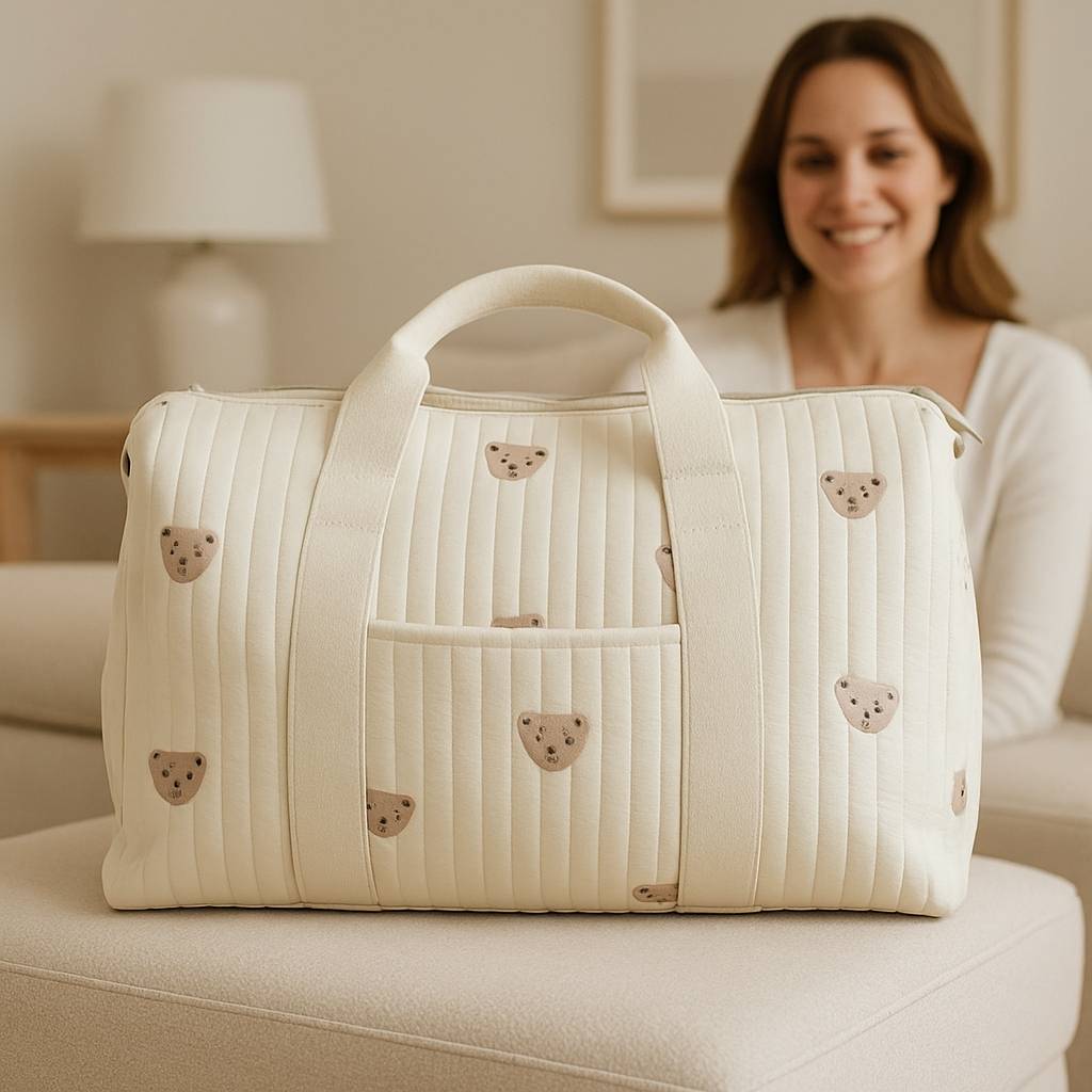 maman regardant sac a langer ours olipin carrousel