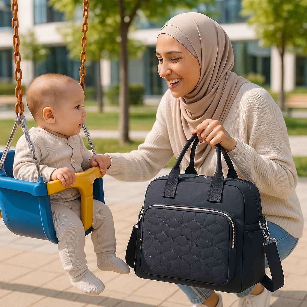 maman sourit bebe sac a langer noir agathe carrousel
